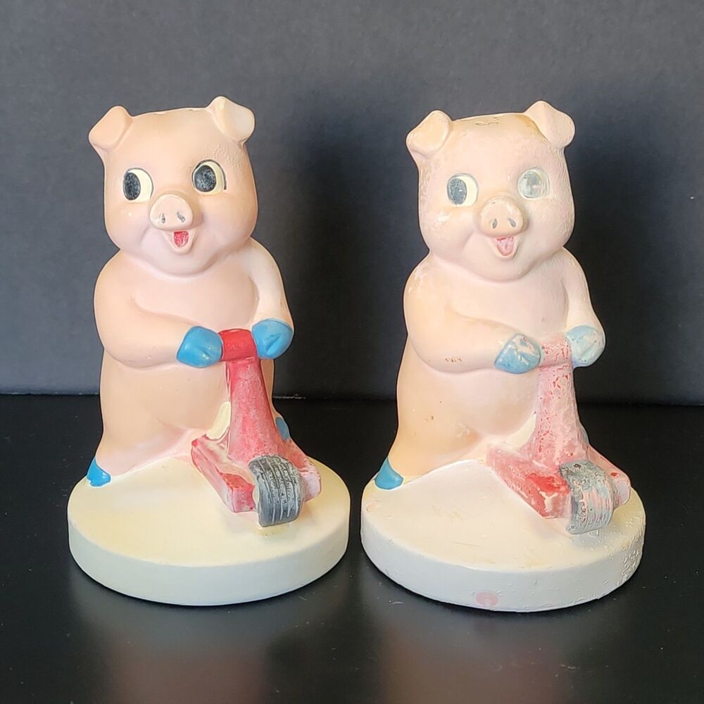 Vintage Pig Salt and Pepper Shakers Japan Scooter Bicycle Hand Painted